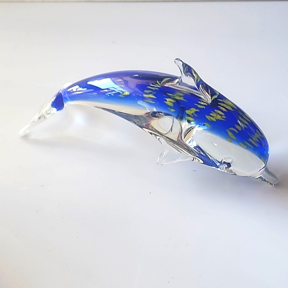Hand-blown Art Glass Blue and Yellow Gold Dolphin.